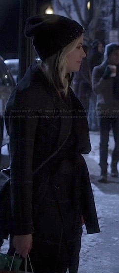 Hanna's black checked coat and studded beanie on Pretty Little Liars