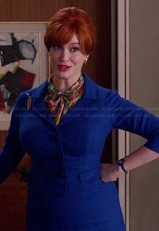 Joan's cobalt blue skirt suit and multi-colored scarf on Mad Men