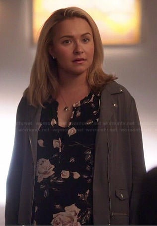 Juliette's black rose print blouse and grey moto jacket on Nashville