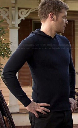 Klaus's navy blue hoodie with leather elbow patches on The Originals