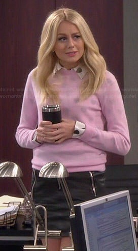 Maddie's heart print shirt with pink sweater and leather zip front skirt on Cristela