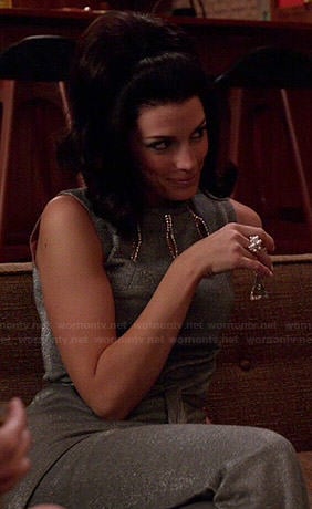 Megan's silver keyhole cutout top and pants set on Mad Men