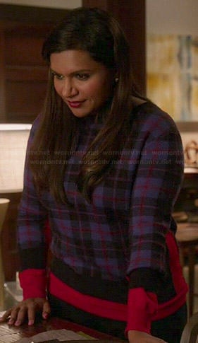 Mindy's blue plaid sweater with red panels on The Mindy Project
