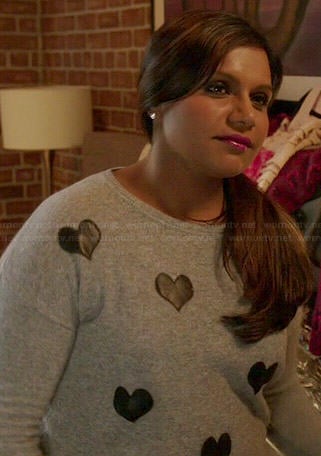Mindy's grey sweater with leather hearts on The Mindy Project