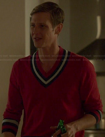 Nolan's red v-neck contrast trim sweater on Revenge
