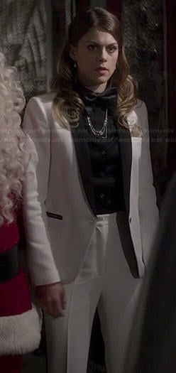 Paige's white Christmas tuxedo suit on Pretty Little Liars