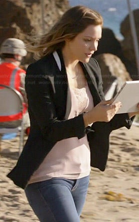 Paige's pink lace inset top and black blazer with white strips on Scorpion
