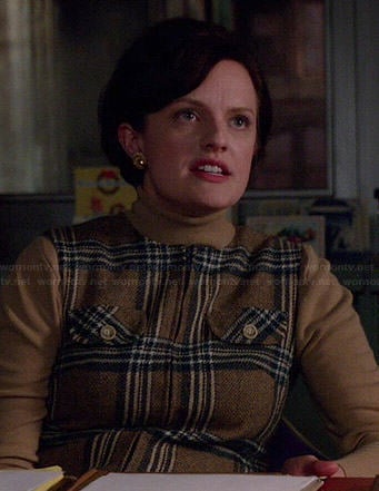 Peggy's brown plaid dress with beige turtleneck on Mad Men