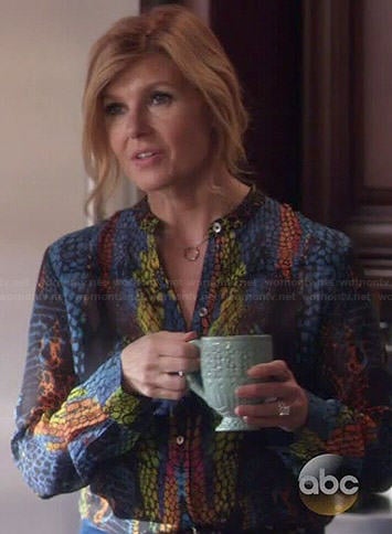 Rayna's multicolored snake print blouse on Nashville