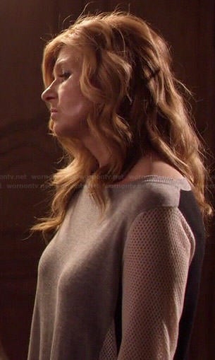 Rayna's grey colorblock sweater with mesh sleeves on Nashville
