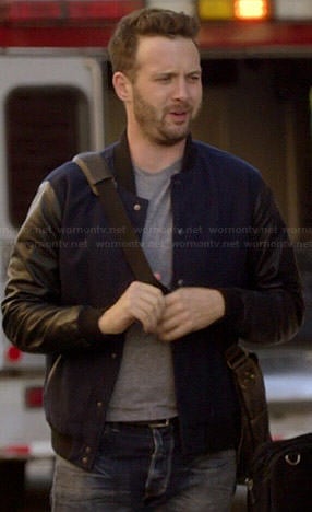 Toby's blue bomber jacket with leather sleeves on Scorpion