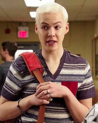 Tristan's blue striped v-neck tee with red pocket on Degrassi