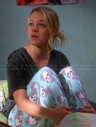 Violet's blue floral skull pajama pants on Mom