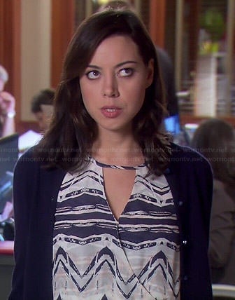 April's blue and white printed faux-wrap dress on Parks and Recreation