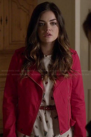 Aria's white butterfly print top and red moto jacket on Pretty Little Liars
