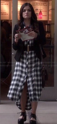 Aria's long plaid shirtdress on Pretty Little Liars