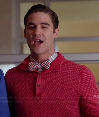 Blaine's red waffle knit sweater and blue/orange checked bow tie on Glee