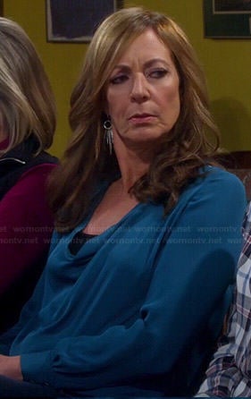 Bonnie's teal blue cowl neck blouse on Mom
