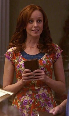 Cassandra's orange floral skater dress on The Librarians