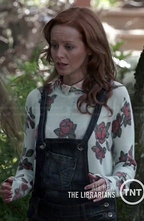 Cassandra's rose print sweater and denim shortalls on The Librarians