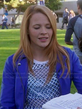 Daphne's geometric printed top and blue leather jacket on Switched at Birth
