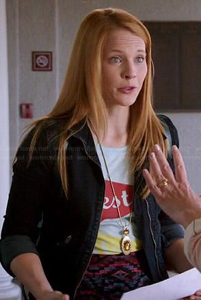 Daphne's c'est la vie tee and patterned skirt on Switched at Birth