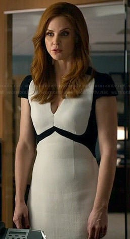 Donna's white and black v-neck cap sleeve dress on Suits