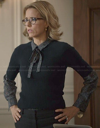 Elizabeth's printed blouse with tie neck on Madam Secretary