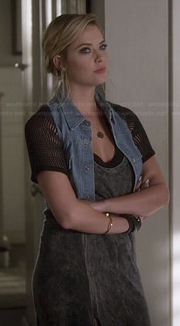 Hanna's grey midi dress, cropped denim vest and mesh top on Pretty Little Liars