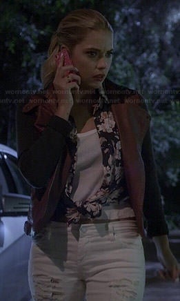 Hanna's white ripped jeans and two-tone leather jacket on Pretty Little Liars