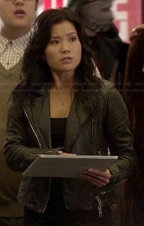 Happy's black leather jacket with zip waist on Scorpion
