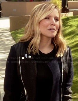 Jeannie's blue and black tweed and leather jacket on House of Lies