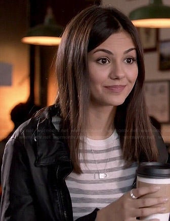 Lindy's grey striped sweater on Eye Candy
