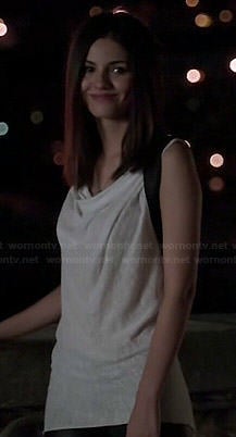 Lindy's white cowl neck top with leather back on Eye Candy