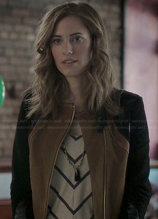 Marnie's brown suede jacket with black sleeves on Girls