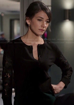 Maureen's black lace sleeve cardigan on State of Affairs