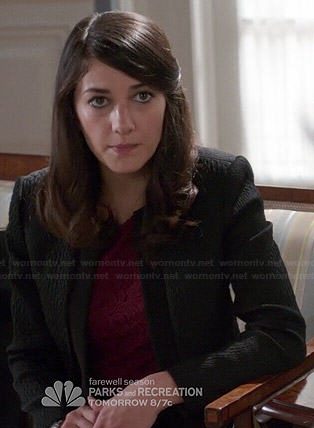 Maureen's black textured jacket and burgundy lace top on State of Affairs