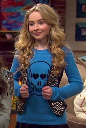 Maya's blue skull sweater and studded vest on Girl Meets World