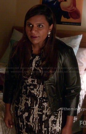 Mindy's black, white and brown sequinned pattern dress on The Mindy Project