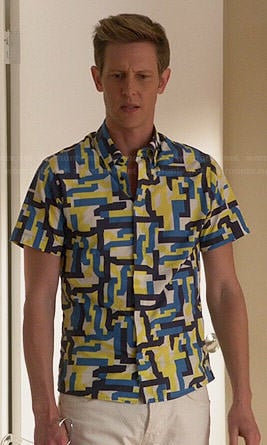 Nolan's blue and yellow geometric print shirt on Revenge