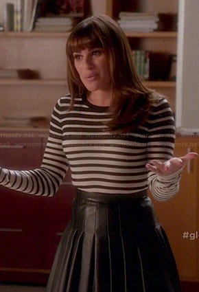 Rachel's black and white striped top and pleated leather skirt on Glee