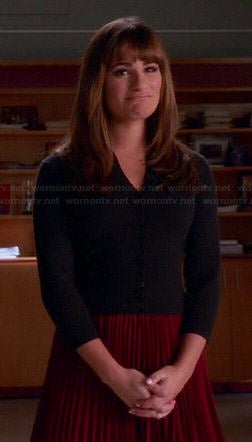 Rachel's red pleated skirt and navy blue cardigan on Glee