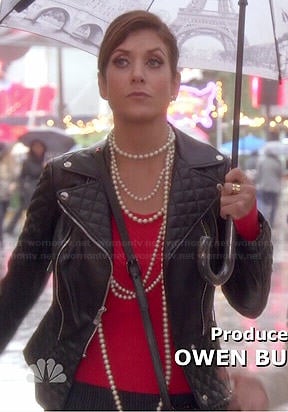 Rebecca's quilted leather jacket and Paris umbrella on Bad Judge