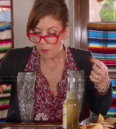Rebecca's red leopard print blouse and studded lapel blazer on Bad Judge