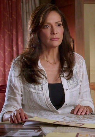 Regina's white lace yoke shirt on Switched at Birth