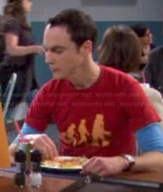 Sheldon's red robot evolution shirt on The Big Bang Theory