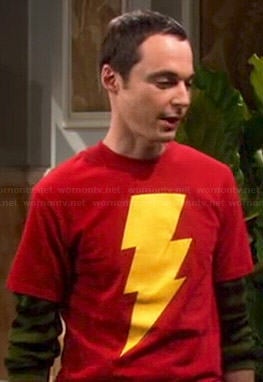 Sheldon's red Captain Marvel Shazam! symbol shirt on The Big Bang Theory