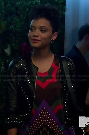 Sophia's mixed print dress and studded leather jacket on Eye Candy