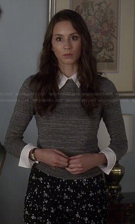 Spencer's grey sweater with white collar and black floral pants on Pretty Little Liars