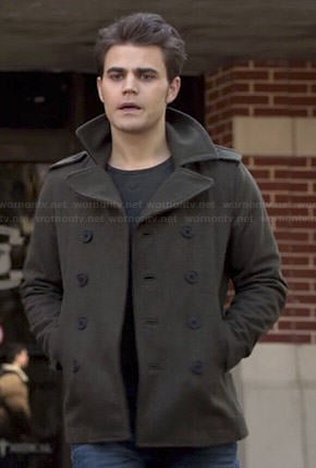 Stefan's olive green peacoat on The Vampire Diaries
